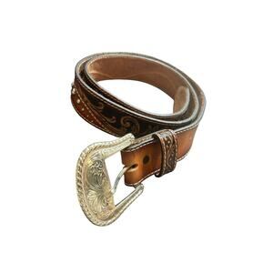 Tony Lama Men's Belt Tan Brown Tooled Embossed Leather Studded Western Cowboy 36